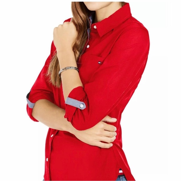 Tommy Hilfiger Tops - Classic Tommy Hilfiger Fitted Red 3/4 Roll-Tab & Long Sleeves Button-up XL